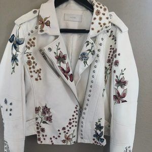 BLANK NYC WHITE LEATHER JACKET W FLORAL EMBROIDERY